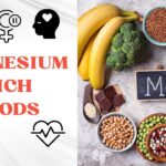 Various magnesium-rich foods, including bananas, broccoli, nuts, seeds, and beans, are displayed alongside a small blackboard with "Mg" written on it.