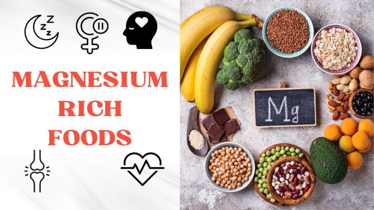 Various magnesium-rich foods, including bananas, broccoli, nuts, seeds, and beans, are displayed alongside a small blackboard with "Mg" written on it.