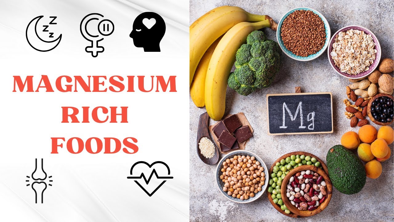 Various magnesium-rich foods, including bananas, broccoli, lentils, avocado, nuts, and seeds, arranged around a chalkboard with "Mg" written on it. Text reads "Magnesium Rich Foods.