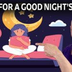 Illustration of a person sitting on a bed under a crescent moon and stars. A person in purple scrubs points at the scene. Text reads, "For a Good Night's Sleep.