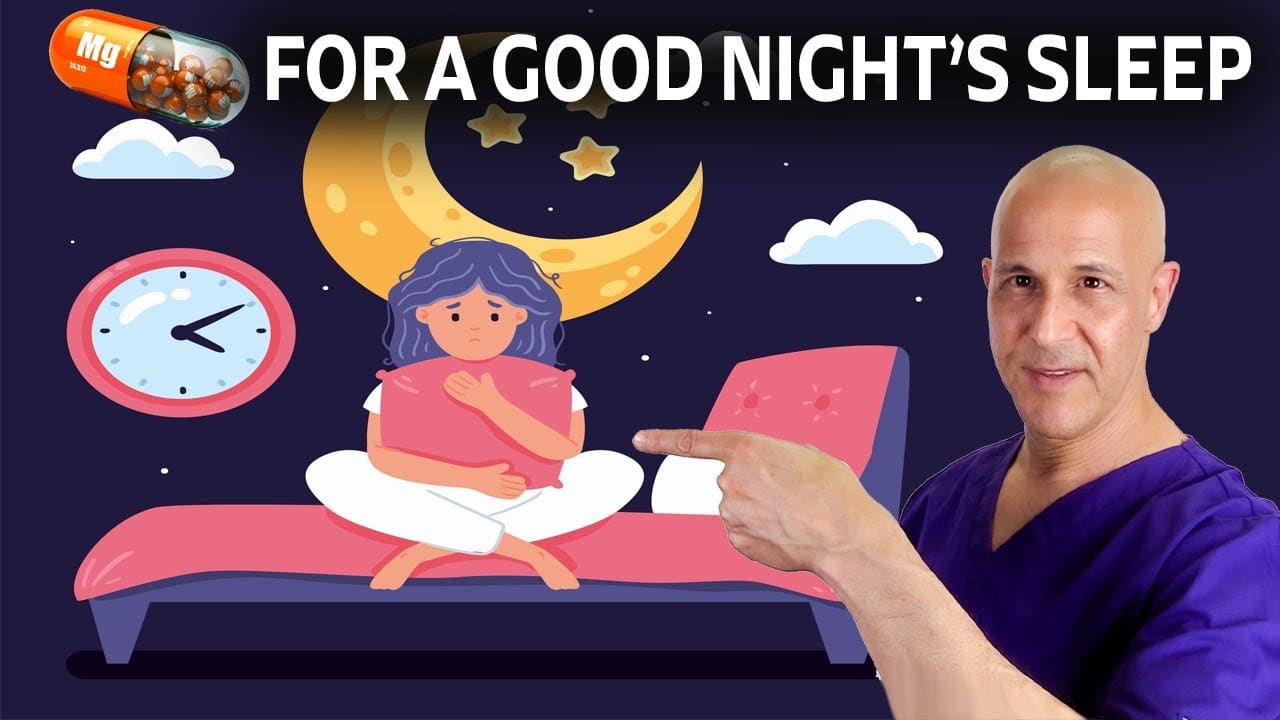 Illustration of a person sitting on a bed under a crescent moon and stars. A person in purple scrubs points at the scene. Text reads, "For a Good Night's Sleep.