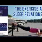 Person doing a plank on a wooden deck next to a waterway. Overlay shows a sleep tracking app with the title "The Exercise and Sleep Relationship.