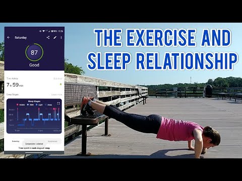 Person doing a plank on a wooden deck next to a waterway. Overlay shows a sleep tracking app with the title "The Exercise and Sleep Relationship.