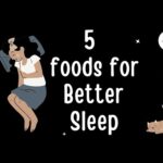 Illustration of a sleeping person with text that reads "5 foods for Better Sleep" surrounded by stars, a moon, and a sleeping cat.