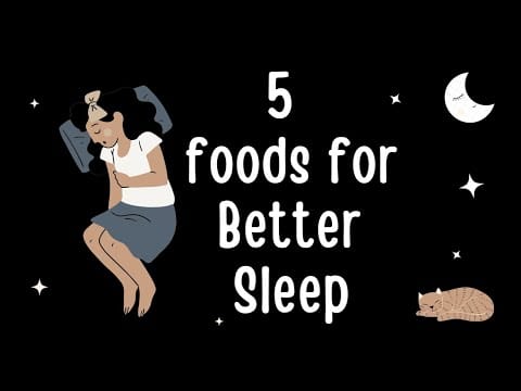 Illustration of a sleeping person with text that reads "5 foods for Better Sleep" surrounded by stars, a moon, and a sleeping cat.