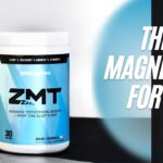 Blue and white container of ZMT magnesium supplement with text "The Best Magnesium for Sleep" and "Catch the ZZZ's" on a black background.