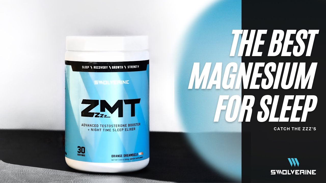 Blue and white container of ZMT magnesium supplement with text "The Best Magnesium for Sleep" and "Catch the ZZZ's" on a black background.